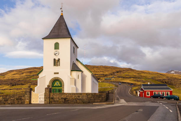 Eidi, Faroe Islands, Denmark - 03 May 2018: Eidi Church on a hill. in a small village on Streymoy islands.