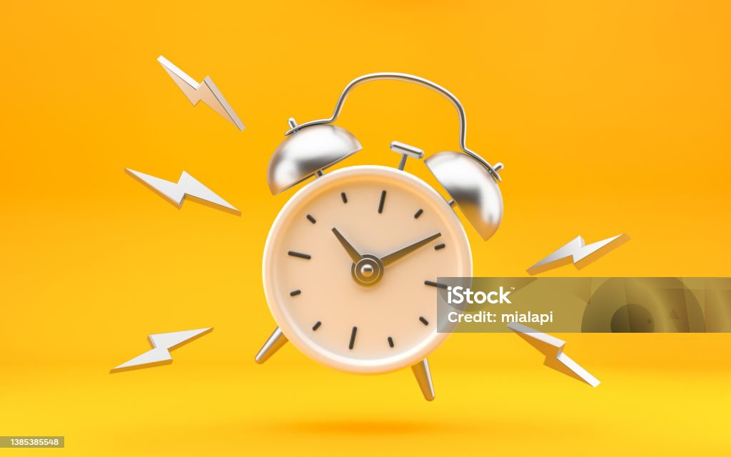 Alarm clock on bright yellow background. White and silver metal vintage ringing alarm clock. Modern design, 3d rendering. Alarm Clock Stock Photo