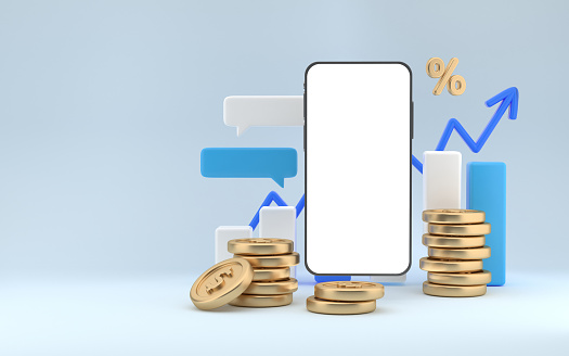 Smartphone dashboard and business finance report. investment or website SEO screen concept. Blue rising arrow and profit bar graph with multiple arrangements of coins. 3d