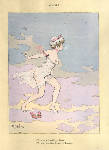 Dawn kissing a star, Vintage French cartoon, L'Aurore, Belle Époque vector art illustration