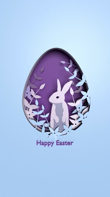Abstract paper cut 3D illustration of paper art easter rabbit, flowers and purple egg shape. Happy easter greeting card template in paper art style in Vertical 4K Resolution.