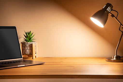 Front view of a wooden home desk with a laptop and a plant at the left of the image and and a desk lamp at the right leaving a useful copy space at the center on the desk and the wall behind. The image is illuminated by the desk lamp.