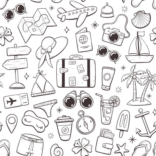 sommerferien nahtloses muster. doodle-version - doodle map drawing sunglasses stock-grafiken, -clipart, -cartoons und -symbole