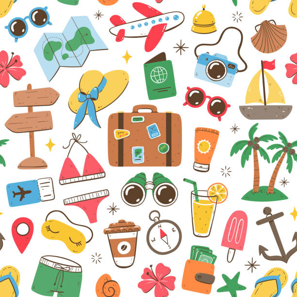 Summer holidays seamless pattern. Colorful version Pattern design with summer and holidays objects. Isolated elements on white background. Colorful version. travel sticker stock illustrations
