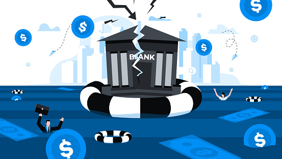 Lightning strike destroys bank floating in lifeline. Falling money. Animation ready duik friendly vector. Conceptual business story. Financial crisis, economic recession, bankruptcy, depression.
