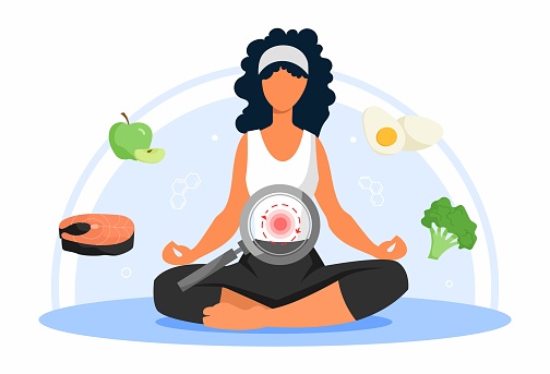 Concept of metabolism. Young girl sits in lotus position, meditation and active lifestyle. Balance, proteins, fats and carbohydrates. Natural and organic products. Cartoon flat vector illustration