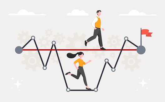 Way to success. Metaphor of social discrimination by sex. Businessmen and entrepreneurs, competitions. Hard path and obstacle concept. Innovation and insight. Cartoon flat vector illustration