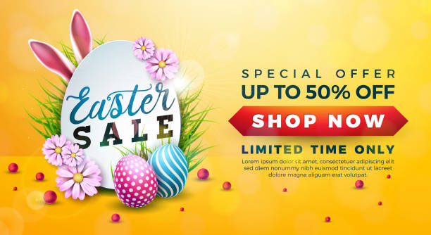 Easter Sale Illustration with Color Painted Egg, Spring Flower and Rabbit Ears on Yellow Background. Vector Easter Holiday Design Template for Coupon, Banner, Voucher or Promotional Poster. vector art illustration