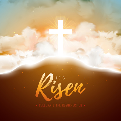 Easter Holiday illustration with heavenly light and cloud on blue sky background. He is risen. Vector Christian religious design for resurrection celebrate theme