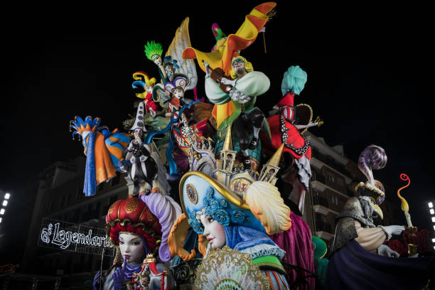 Valencia, Spain - 4 September 2021: Women Fallas figurines indicating silence ,years winning work with the topic 'Venice fantasy' by the artist Pere Baenas at Convent Jerusalem