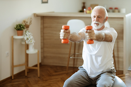 Bearded senior fitness man siting on fit ball doing exercise with dumbbell at home indoor