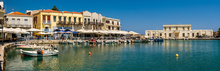 Rethymnon, Crete, Greece: Panorama View of the Old Traditional Venetian Harbor with Blue Sky