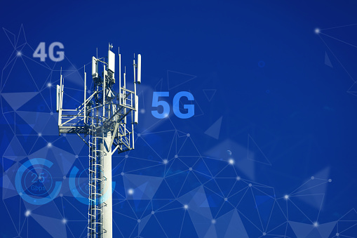 Telecommunications tower with 4G, 5G transmitters, cellular base station with transmitter antennas on abstract Triangulated Background with icons. Communication Mobile Technology concept. Copy Space