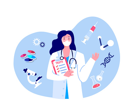 Doctor Scientist Virologist Researcher Woman in Medical Face Mask with Tests Analysis. Creating Vaccine Infusion.Hospital Treatment,Cure,Therapy.Laboratory, Atom Molecule DNA. Flat vector illustration