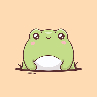 Green frog, kawaii cartoon character. Cute chubby frog drawing vector illustration.
