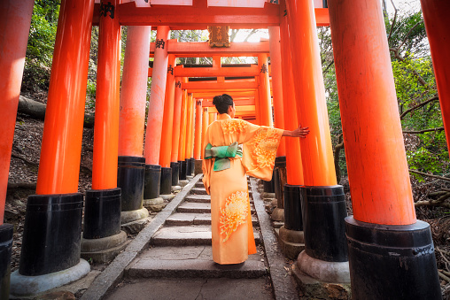 29 march 2019 - Kyoto, Japan: Woman dressed with kimono touching a torii at Fushimi inari Taisha shrine