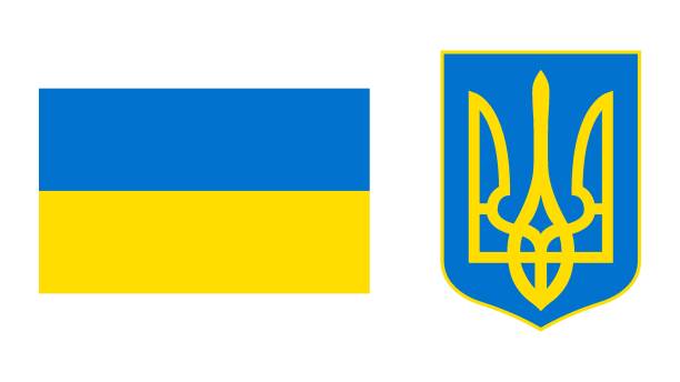 우크라이나의 무��기의 국기와 코트. 노란색 파란색 플래그와 삼지창. 우크라이나의 국가 상징. 벡터 일러스트레이션 - ukraine trident ukrainian culture coat of arms stock illustrations
