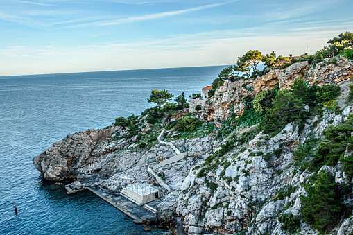 coastal scene along the Amalfi coast at the village of Maiori; Maiori, Italy