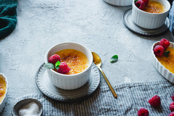 istock Freshly made caramelized creme brulee with raspberry and mint leaves 1385407449