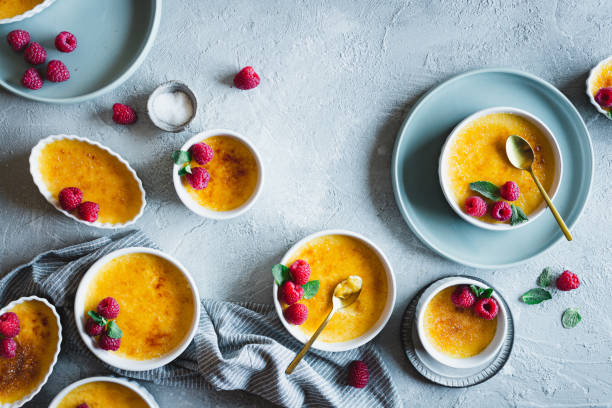 istock Traditional French creme brulee dessert with caramelized sugar on top 1385407568