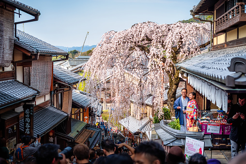 march 29, 2019 - Kyoto, Japan: Tourists in springtime at the historic Higashiyama distirct.