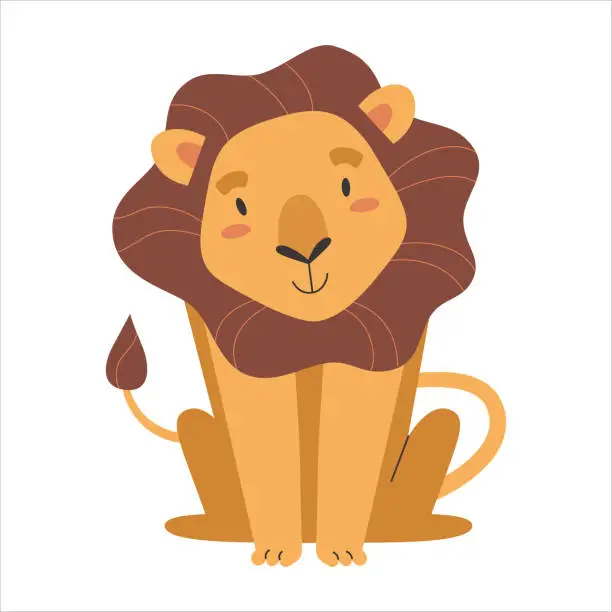 Vector illustration of Cute lion smiling, wild african safari animal, vector drawing isolated on white background, sticker or poster for kids