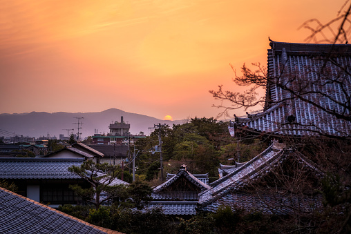 Sunset in Kyoto from Tetsugaku No Michi (Philosopher's Walk) in the Springtime. Sakyo Ward, Kyoto, Japan
