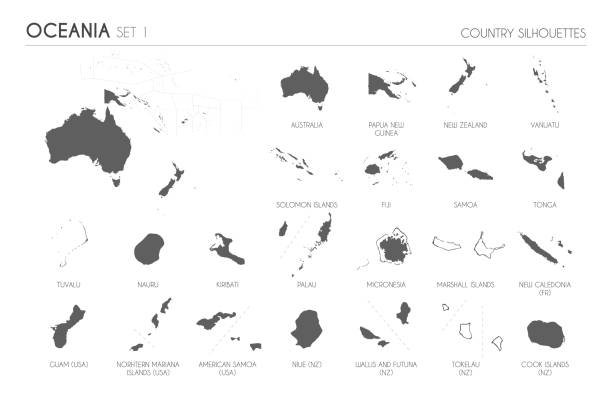 Set of 22 high detailed silhouette maps of Oceanian Countries and territories, and map of Oceania vector illustration. Set of 22 high detailed silhouette maps of Oceanian Countries and territories, and map of Oceania vector illustration. guam stock illustrations