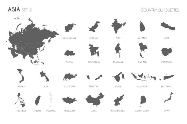 아시아 국가 및 영토의 25 개의 높은 상세한 실루엣지도, 아시아 벡터 일러스트의지도 세트. - silhouette cartography singapore map stock illustrations