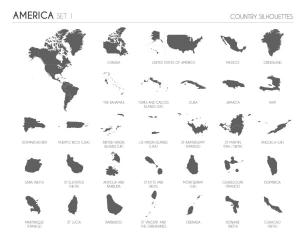 Set of 30 high detailed silhouette maps of American Countries and territories, and map of America vector illustration. Set of 30 high detailed silhouette maps of American Countries and territories, and map of America vector illustration. bahamas map stock illustrations