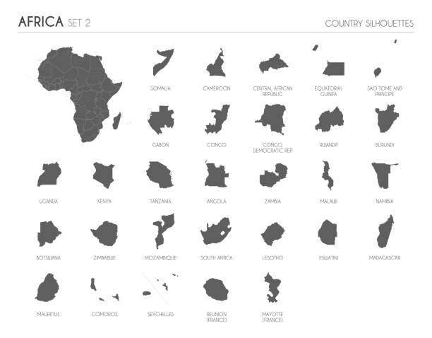 ilustrações de stock, clip art, desenhos animados e ícones de set of 29 high detailed silhouette maps of african countries and territories, and map of africa vector illustration. - africa map silhouette vector