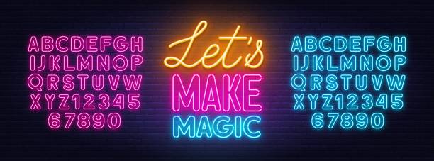 Let s Make Magic neon lettering on brick wall background. Let s Make Magic neon quote on a brick wall. Inspirational glowing lettering. Pink and blue neon alphabets. neon stock illustrations