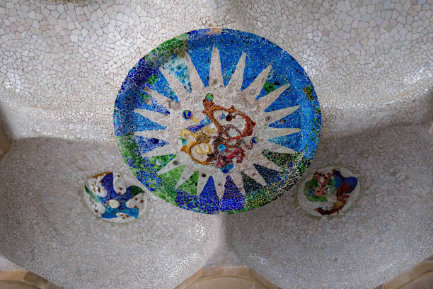 Trencadis mosaic by Josep M. Jujol and Antoni Gaudi in Sala Hipostila in Parc Guell stock photo