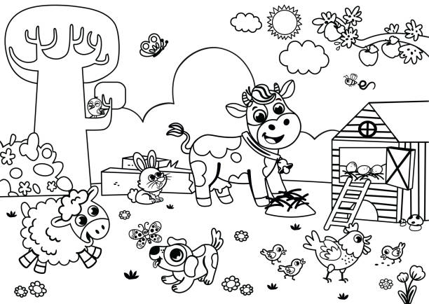 kolorowanka dla dzieci - farm animal cartoon cow stock illustrations