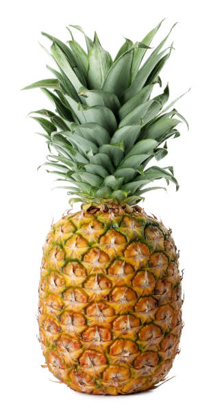 istock Delicious ripe pineapple with leaves isolated on white 1385417447