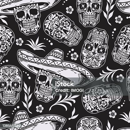 istock Creative sugar skull seamless pattern 1385417562