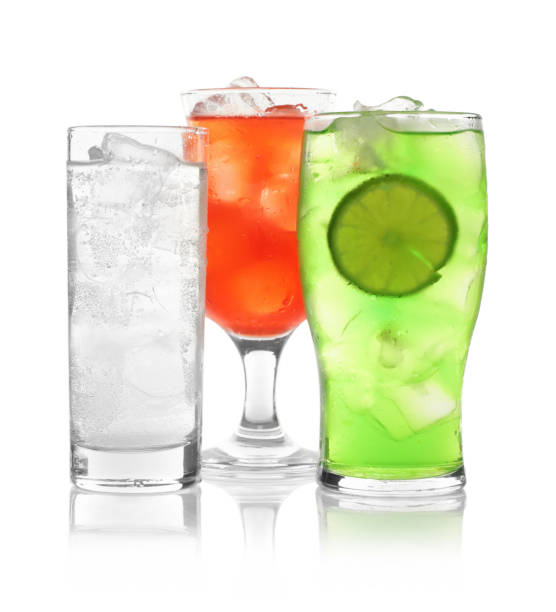 istock Delicious refreshing drinks in glasses on white background 1385417673