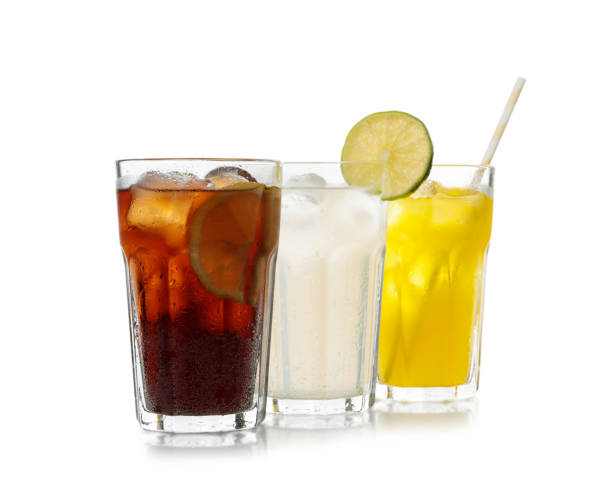 istock Delicious refreshing drinks in glasses on white background 1385417720