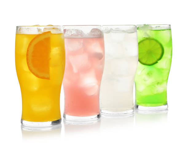 istock Delicious refreshing drinks in glasses on white background 1385417807