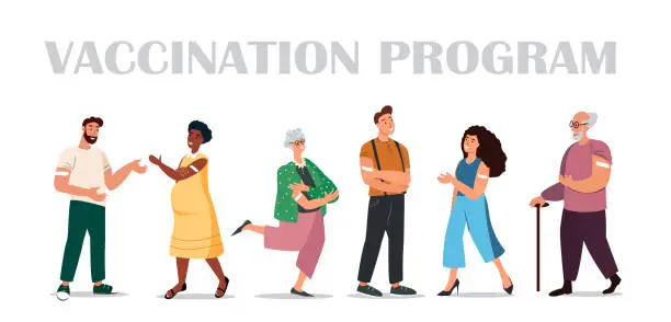 Vector illustration of Diverse Male and Female, Young and Old Pensioners,Pregnant Characters Vaccination Landing Page Template.Immunization,Health Care Concept.Vaccinated People Group Show Patch. Cartoon Vector Illustration