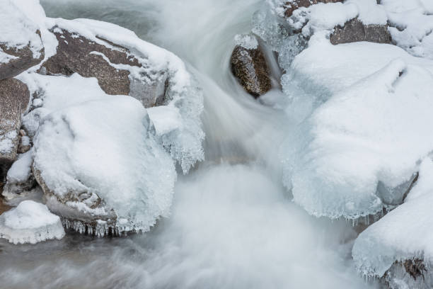 Winter landscape of Boulder Creek captured with motion blur and framed by ice and snow, Front Range, Rocky Mountains, Colorado, USA