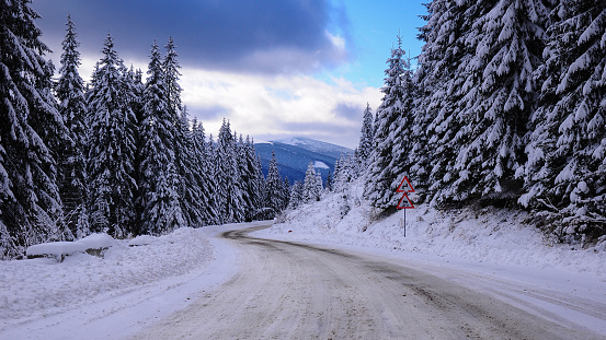 Snowed road. The road to Transalpina sky resort in a snowed weather. The roads winds through the wild pine forests of the Lotru Mountains. Carpathia, Romania