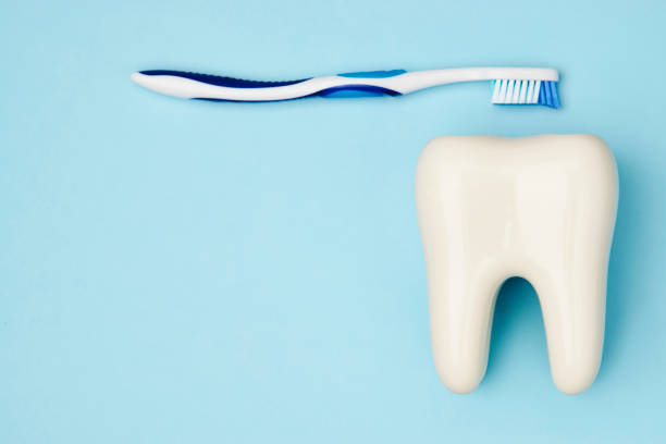 istock Toothbrush and tooth model on blue background 1385437061