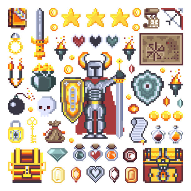 pixel art medieval knight elementy gry - loch stock illustrations