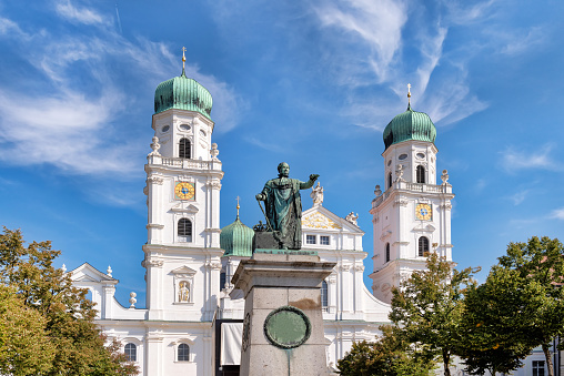 View to the towers of St. Stephan's Cathedral against blue sky, Passau, Bavaria, Germany