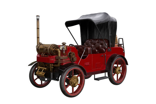istock Red steampunk styled steam powered vintage motor car. 3D rendering isolated on white. 1385445248