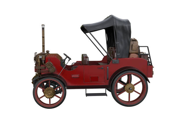 istock Red steampunk steam powered carriage viewed from the side. 3D illustration isolated on white. 1385445370
