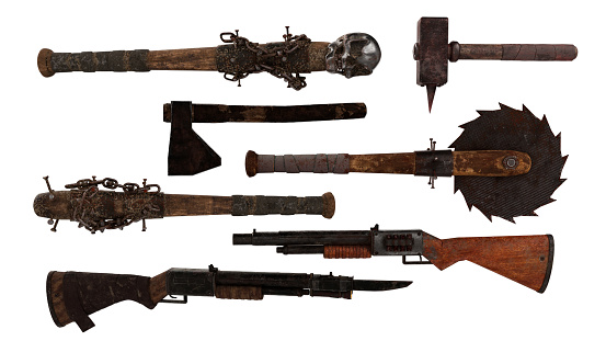 Collection of fantasy zombie apocalypse weapons. 3D illustration isolated on white background.