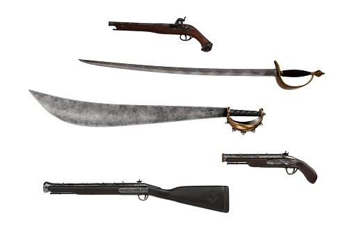 Collection of pirate weapons, swords and guns. 3D illustration isolated on white background.