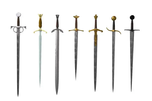 Collection of medieval fantasy swords. 3D illustration isolated on white background.